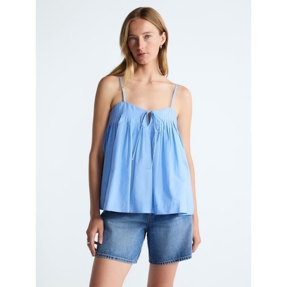 Free Assembly Women's Blue Cotton Pintuck Sleeveless Tie Front Top XL NWT